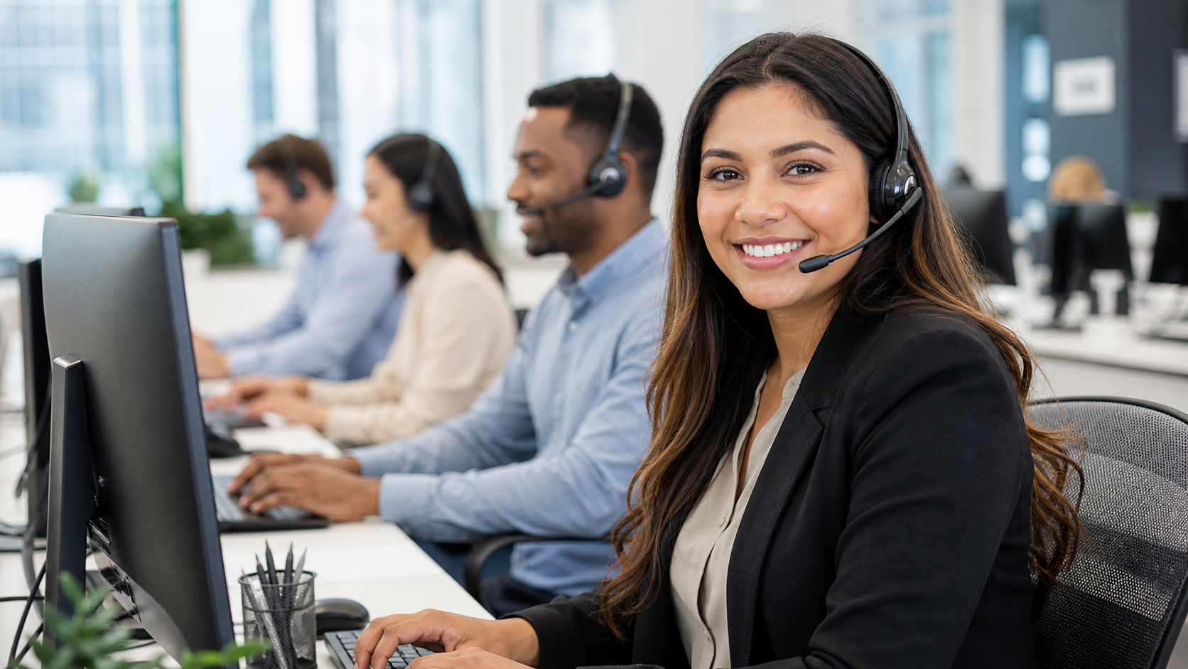 Diverse team of customer service representatives wearing headsets in a modern office