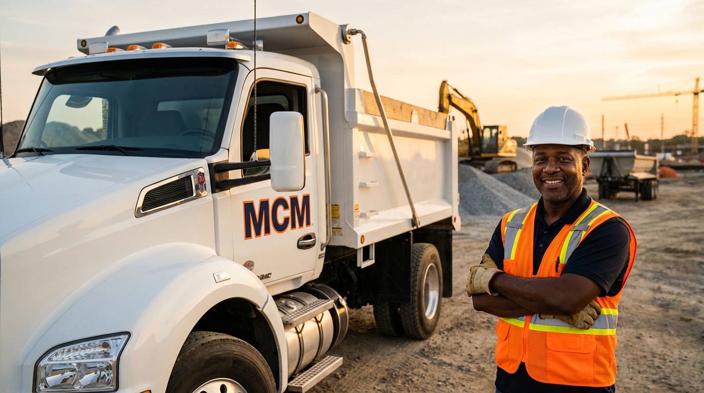 MCM Enterprise dump truck with African American driver at construction site