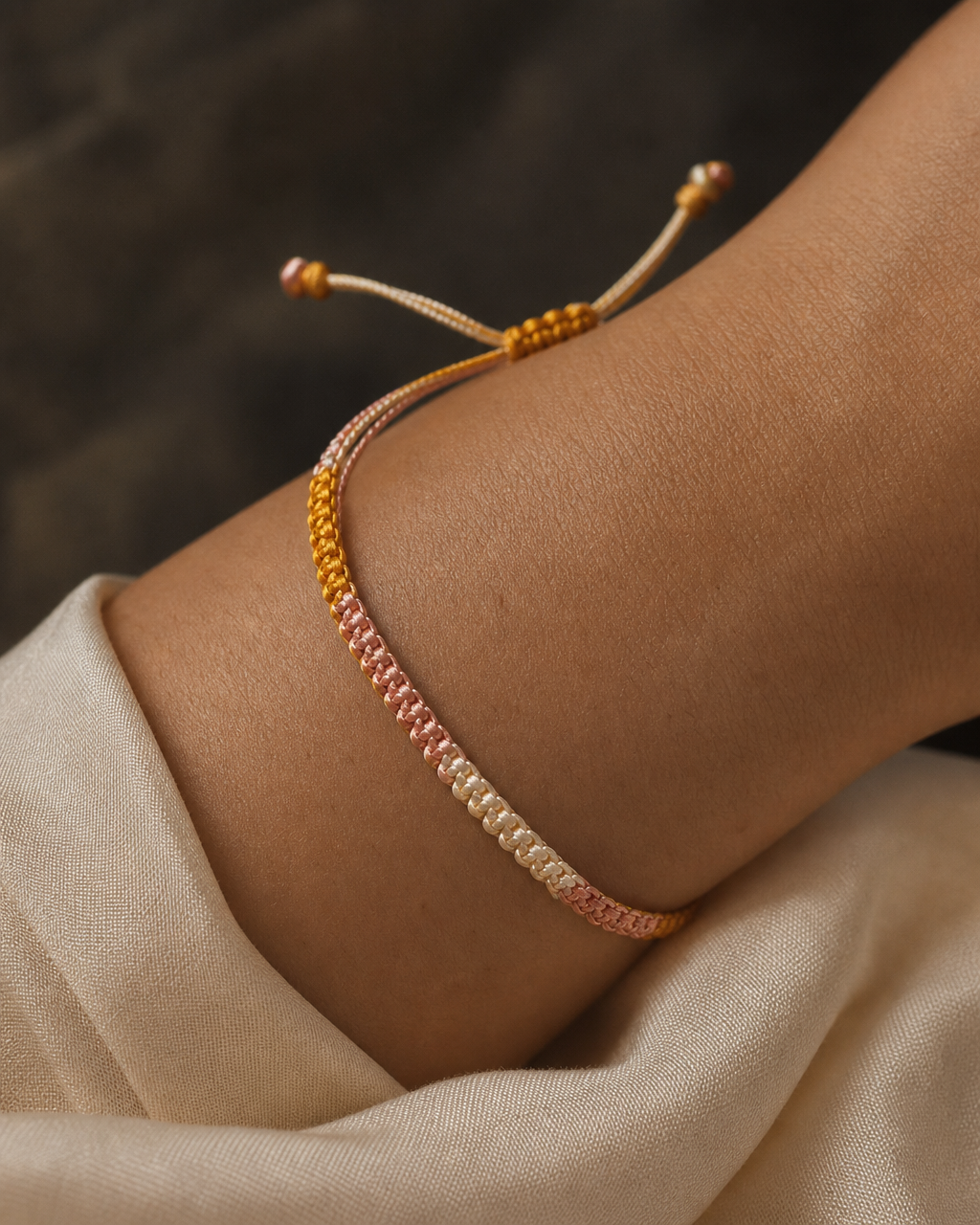Close-up of the Siem Reap Thread on a model's wrist
