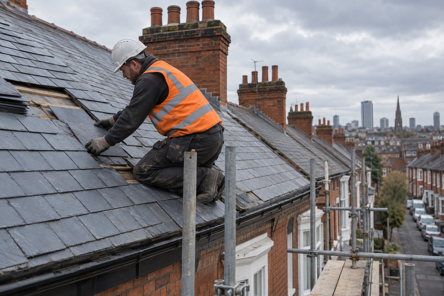 Roofer repairing a slate roof on a UK home