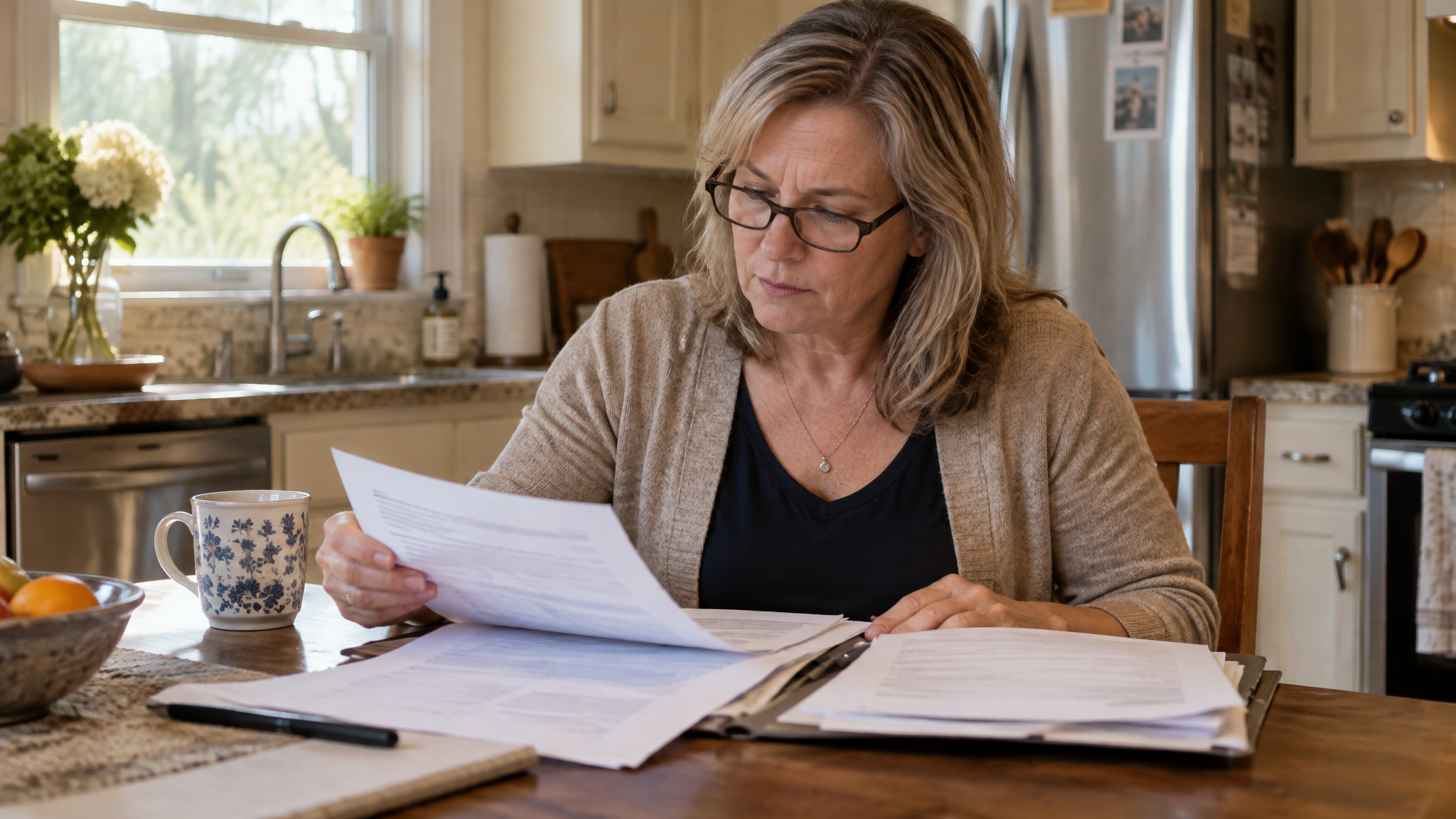 A woman veteran reviewing her medical records and claim folder at a kitchen table