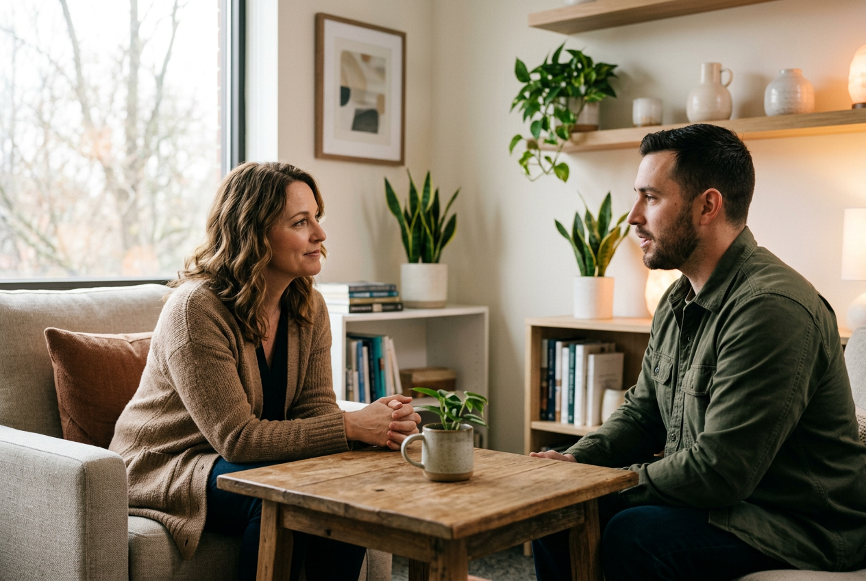 A female mental health clinician seated across a small table from a male military veteran in a warmly lit therapy office, listening attentively