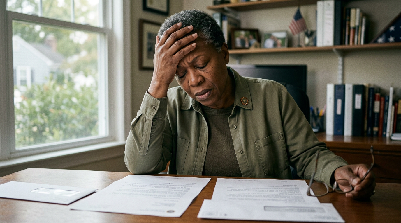 A woman veteran setting two nearly identical letters side by side on her desk