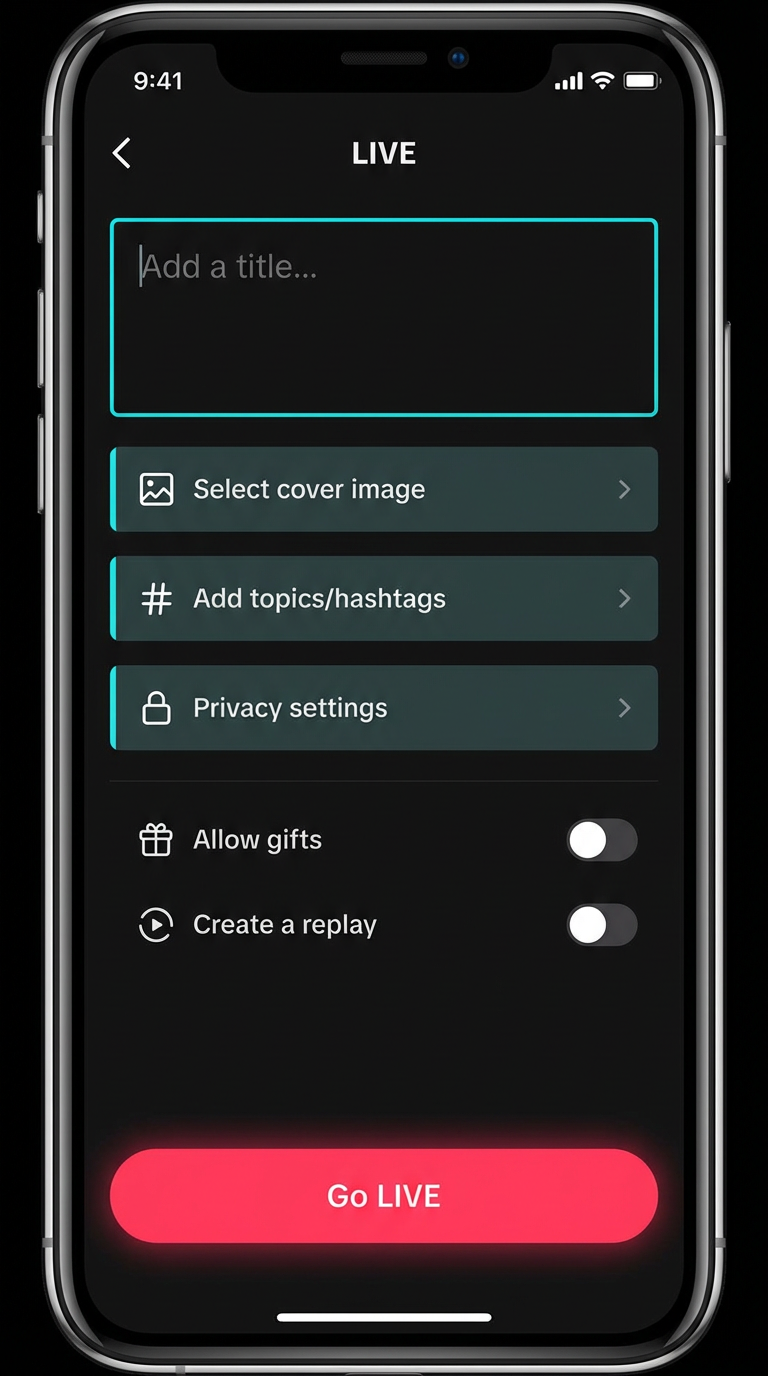 TikTok live stream setup screen with title input field and Go LIVE button