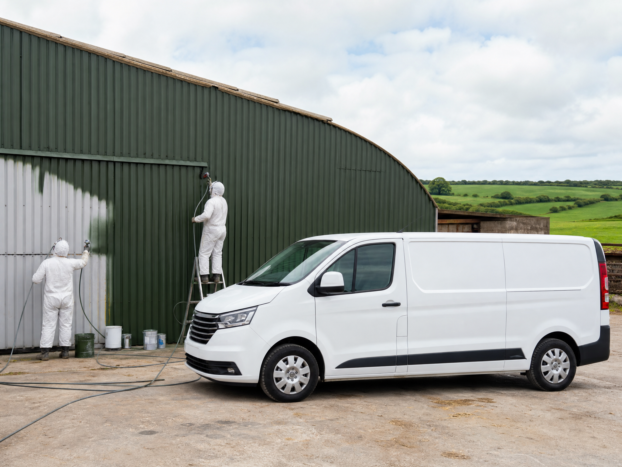 Castle Farm Painters team with van and equipment at a farm site