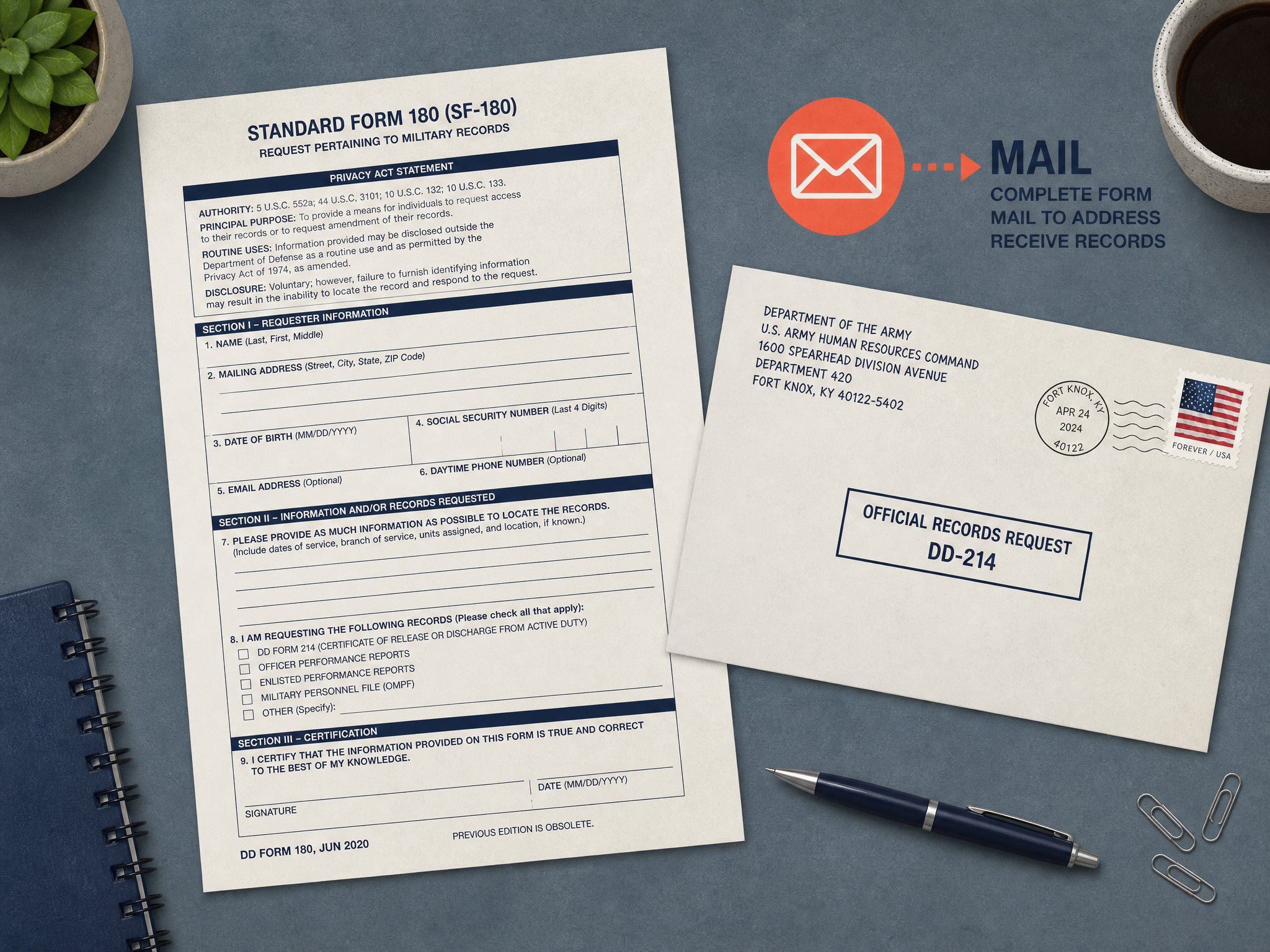 Illustration of a filled-out Standard Form SF-180 beside a stamped, addressed envelope ready to mail to the National Personnel Records Center - requesting records by mail