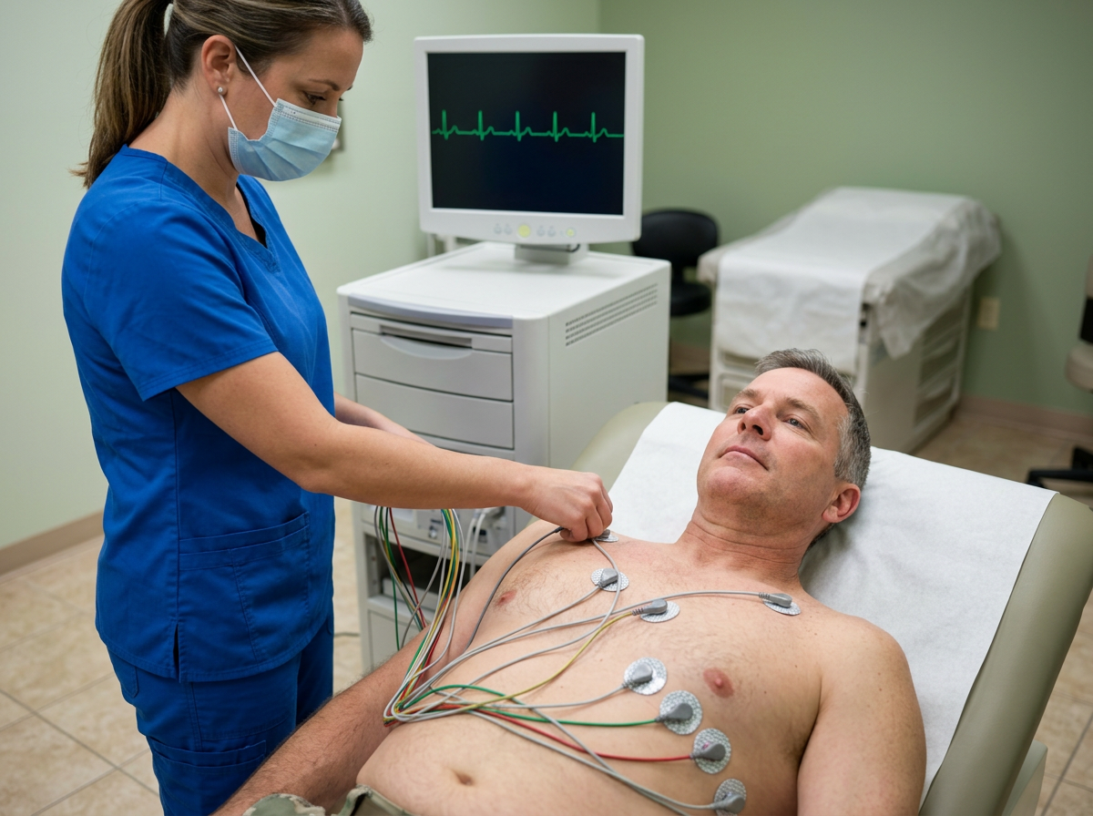 Male veteran lying on an exam table with ECG electrodes attached to his chest while a heart-rhythm tracing shows on a monitor beside him