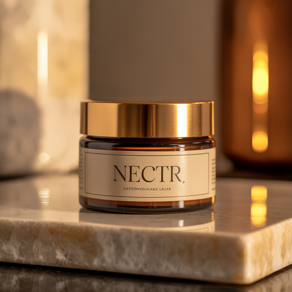 NECTR Tallow + Honey Balm jar on marble surface with golden backlighting