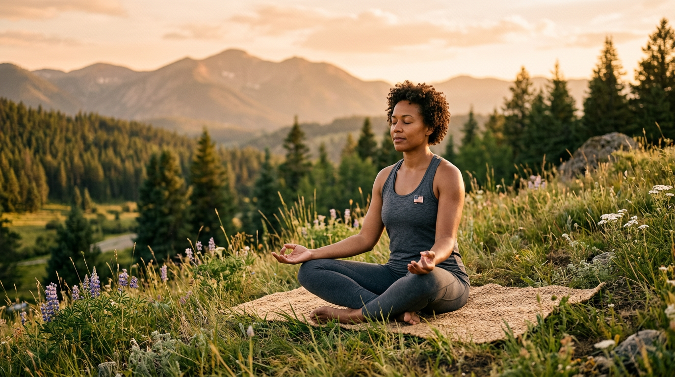 Woman veteran practicing outdoor yoga at golden hour