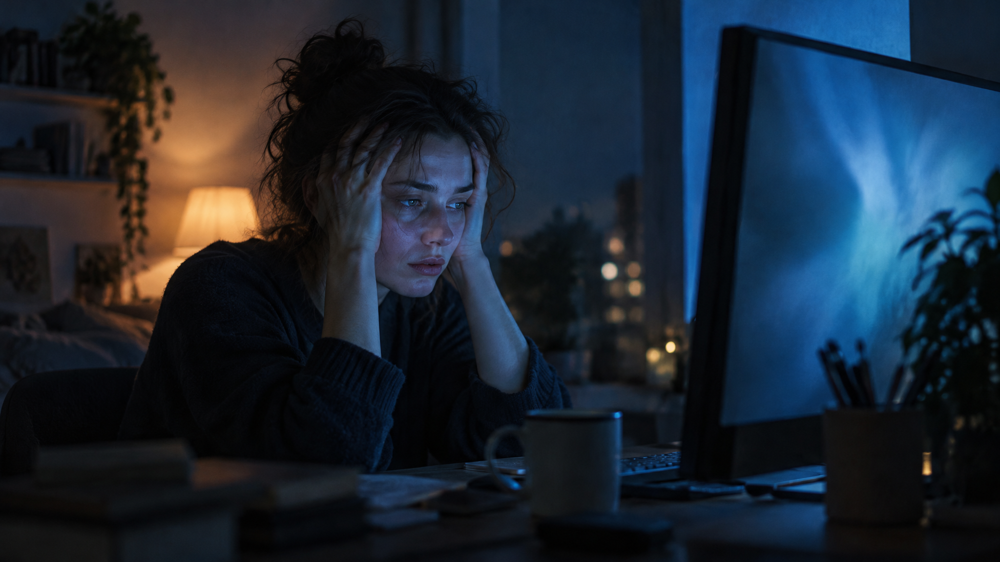 Esgotamento mental diante do computador em luz azul
