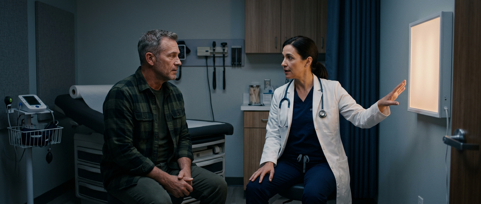 A neurologist conducting a headache-disability interview with a veteran patient in a darkened neurology exam room