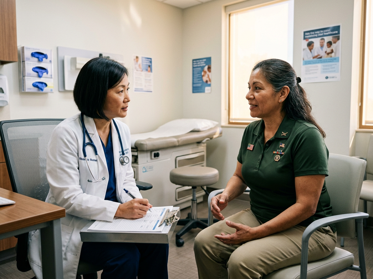 A senior veteran being examined by a physician who documents a current medical diagnosis
