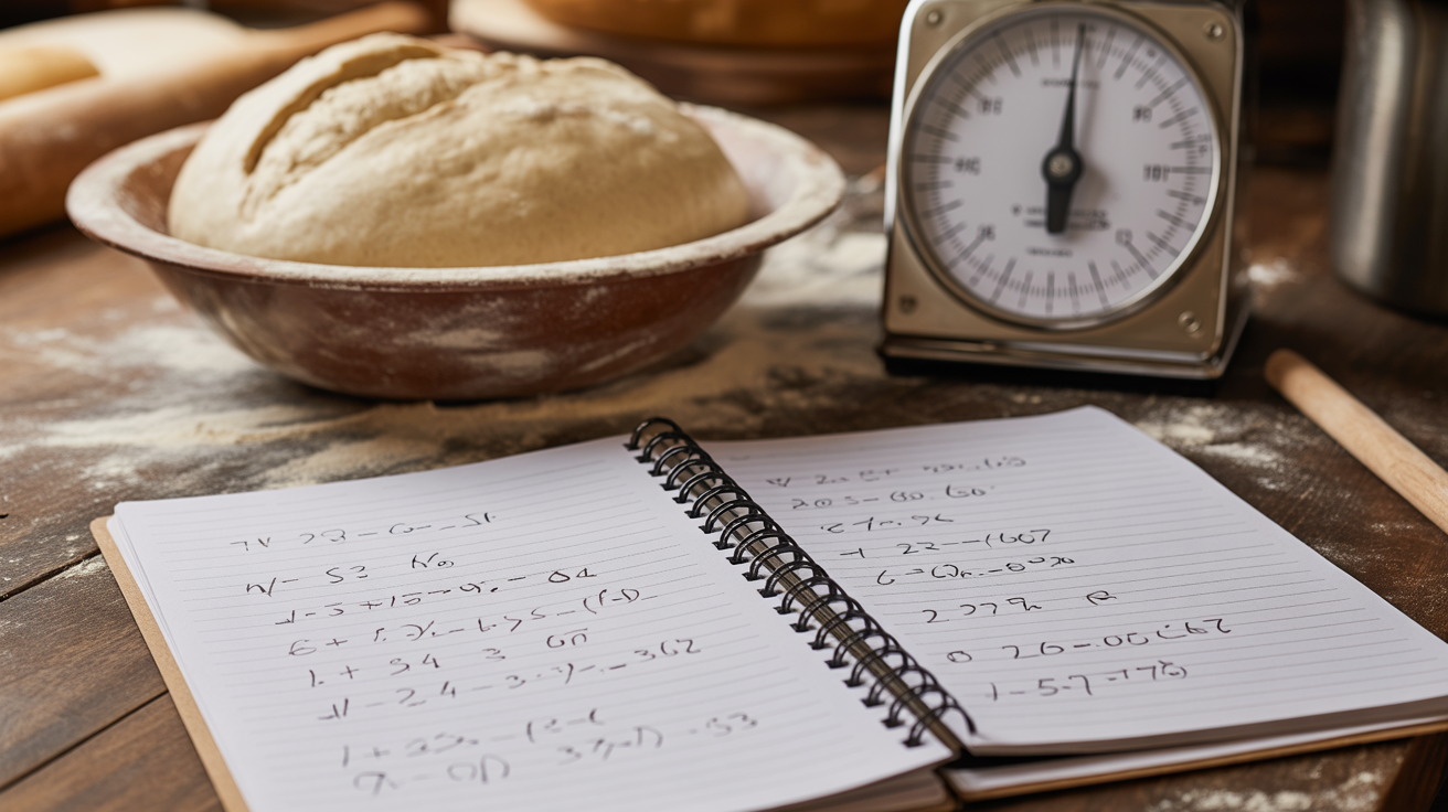 Flour-dusted notebook with baker percentage formulas, bowl of dough in background