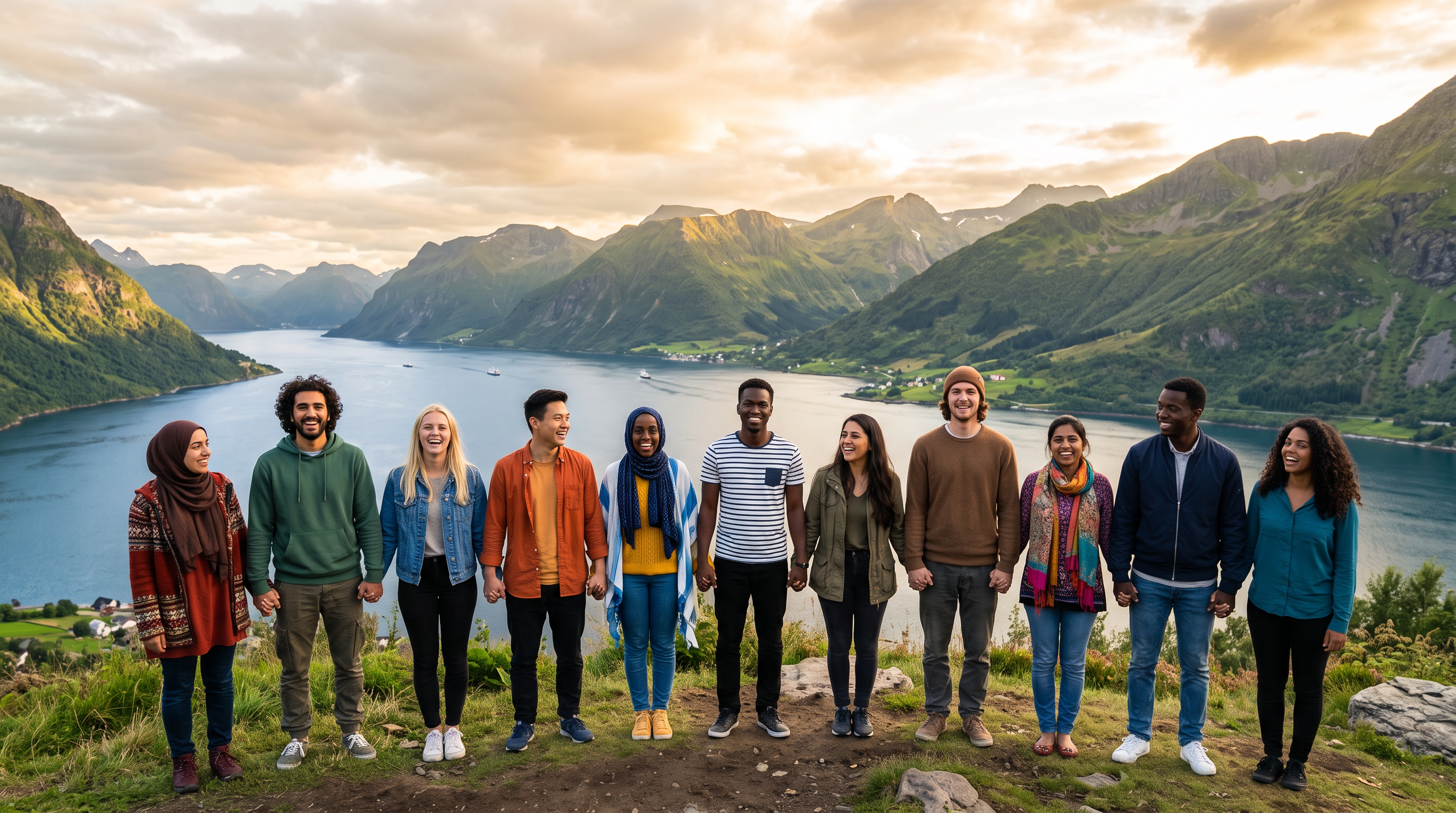 Mangfoldige unge mennesker fra forskjellige kulturer holder hender sammen foran norsk natur