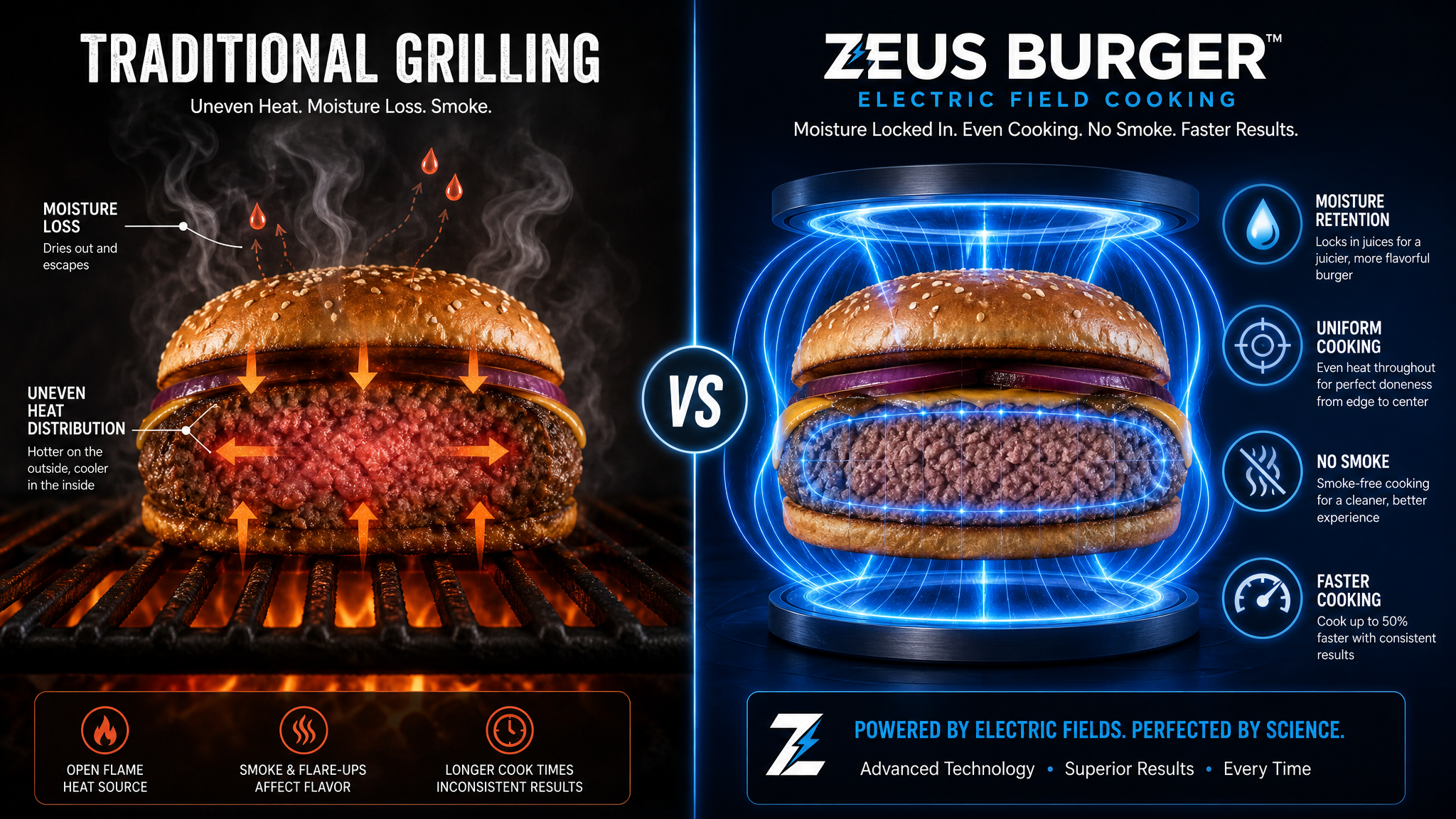 Comparison infographic: Zeus Burger dielectric heating vs traditional grilling showing moisture retention, cook time, and uniformity