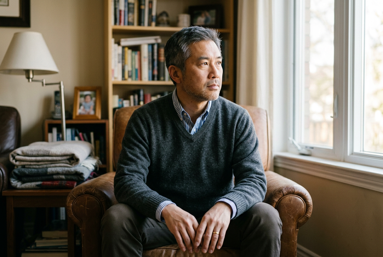 A military veteran sitting at home during a workday, contemplative and unable to work