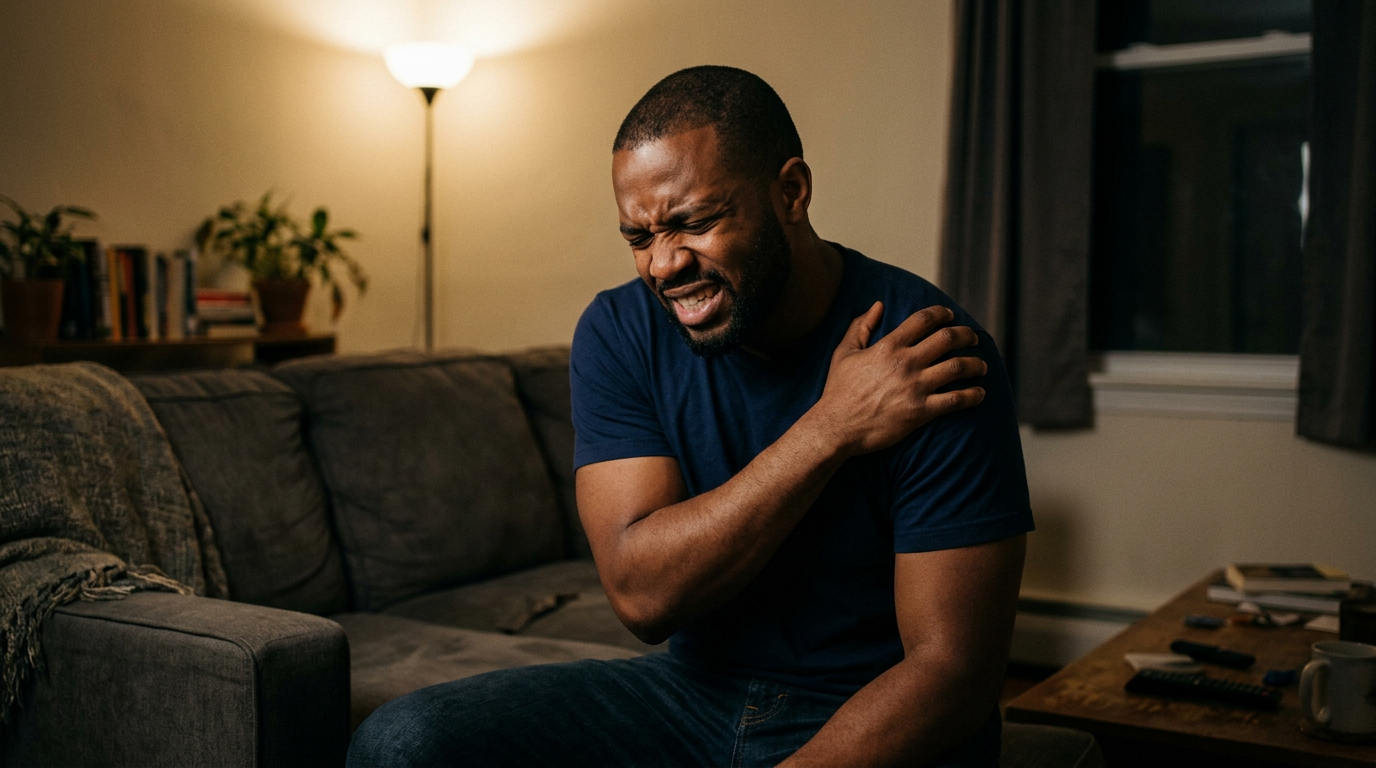 A Black male veteran in his early 30s in a dimly lit apartment, clutching his shoulder as it subluxes, his face contorted in sudden sharp pain