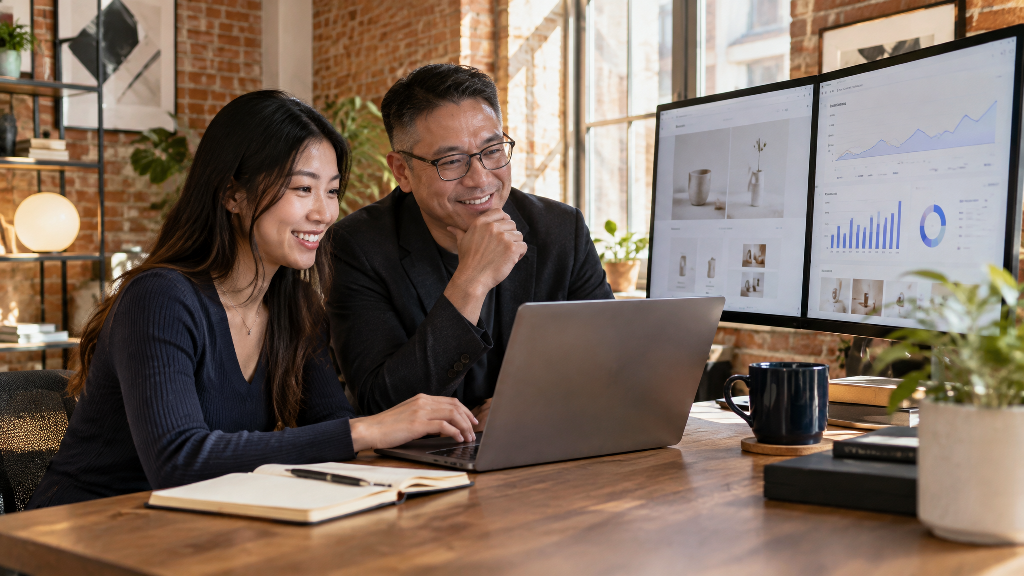 Designer and business owner reviewing a website and online store dashboard