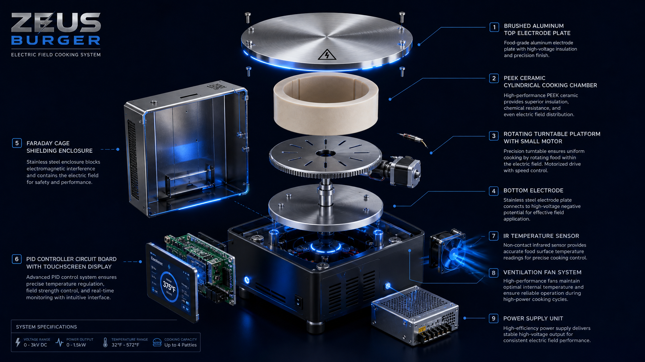 Exploded view of Zeus Burger commercial cooker showing all internal components: electrodes, PEEK cooking chamber, Faraday cage, PID controller, rotating platform, ventilation system