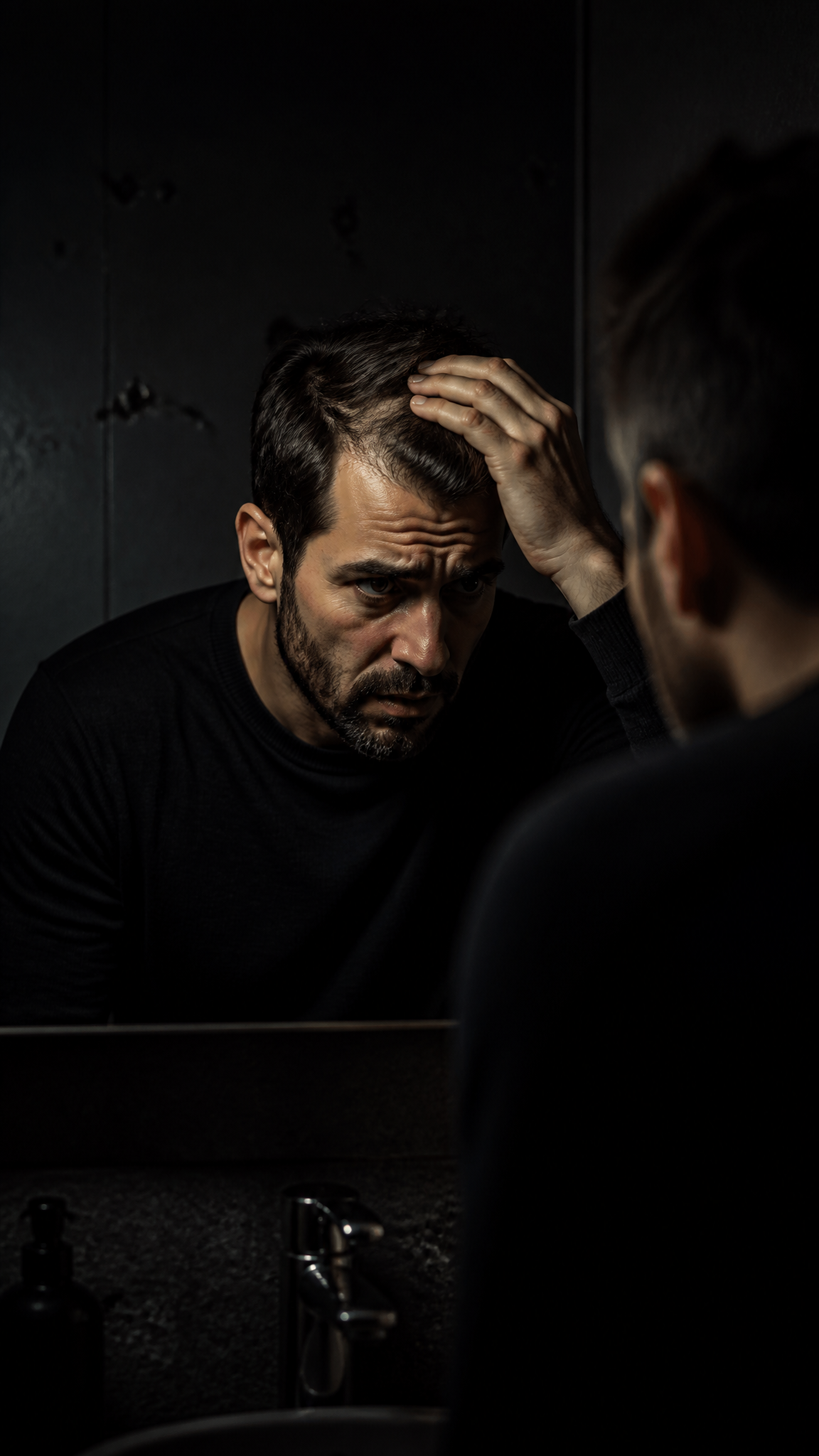 Homem preocupado observando a queda de cabelo no espelho
