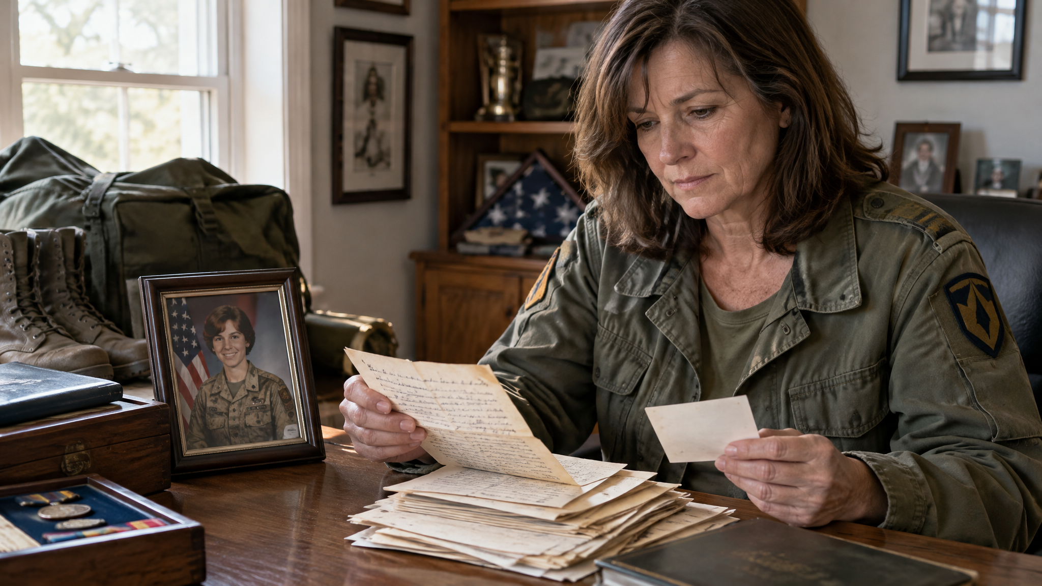 A woman veteran in an olive unit jacket sorting old letters beside a photo of herself in uniform