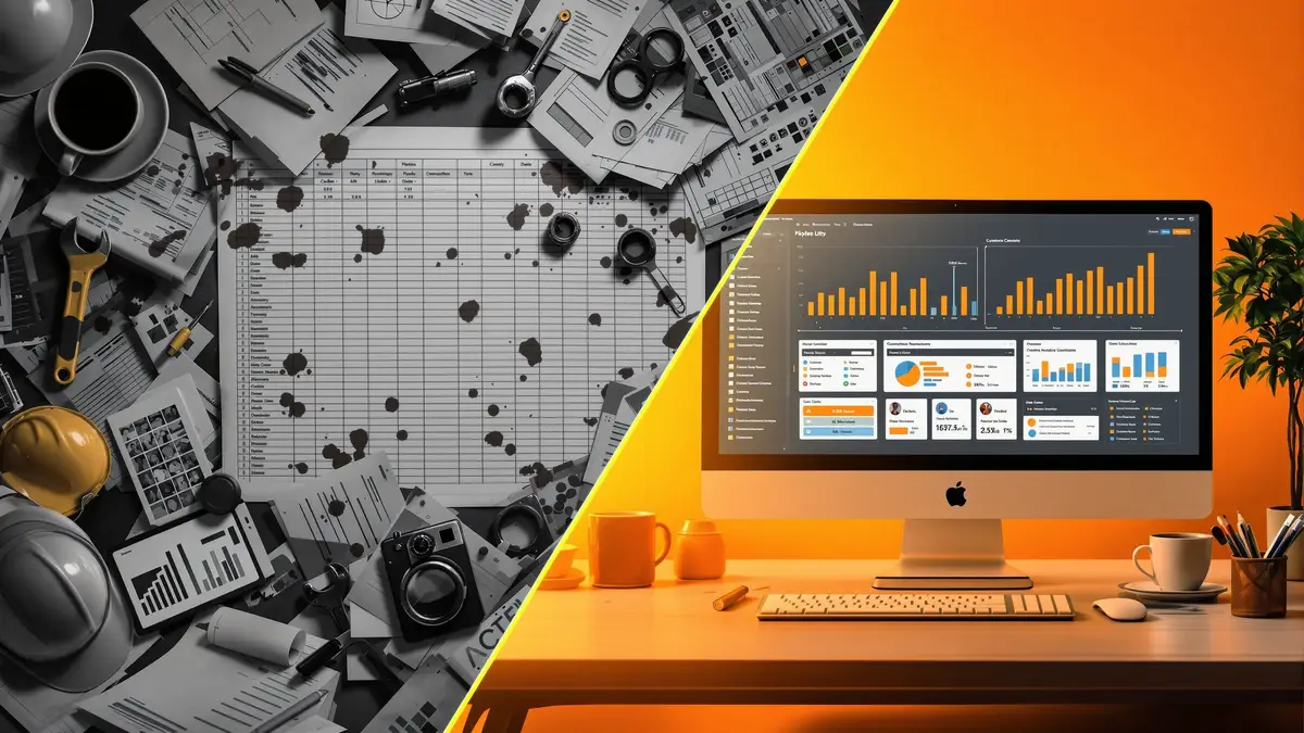 CRM vs. Excel für Handwerker 2026 – Links Excel-Chaos, rechts modernes CRM-Dashboard
