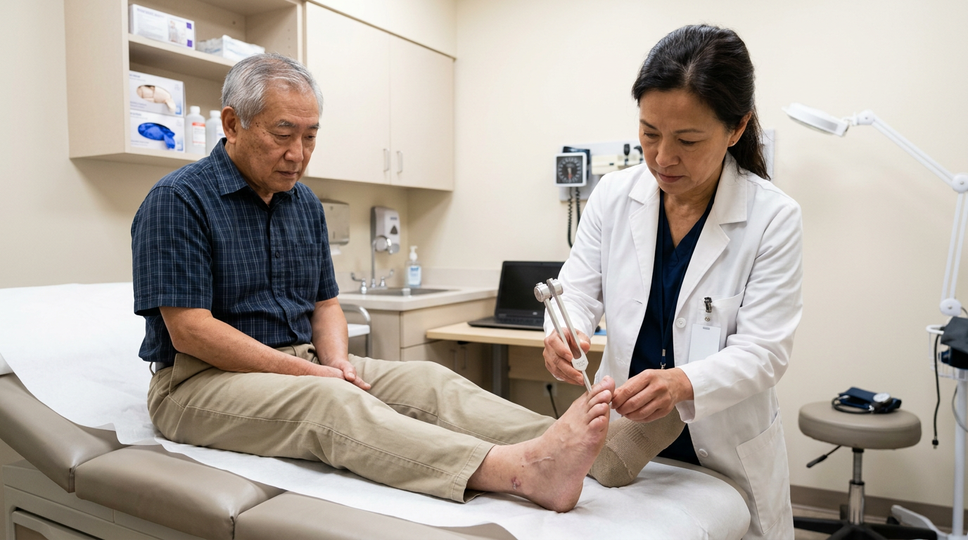 Neurologist holding a vibrating tuning fork against the toe of an East Asian male veteran in his 60s during a vibration sense test