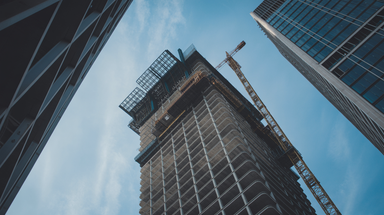 Modern skyscraper under construction with steel structural frame