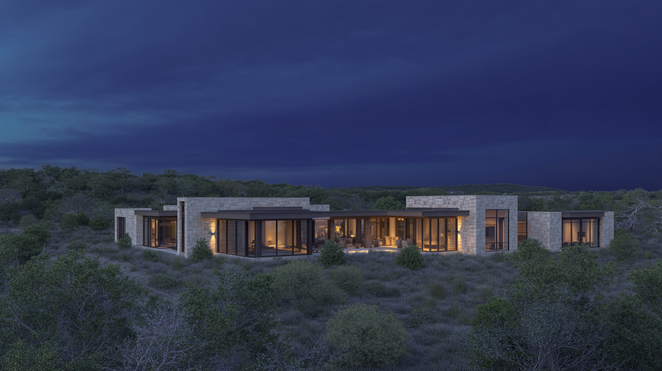 Luxury neighborhood streetscape in Leander Texas with Hill Country views