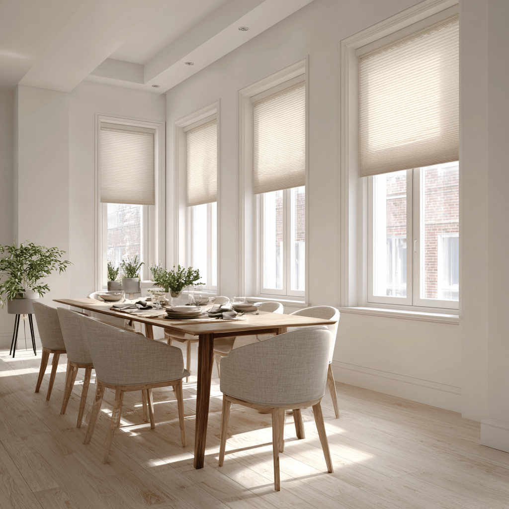 Eetkamer met beige lichtdoorlatende plisségordijnen.