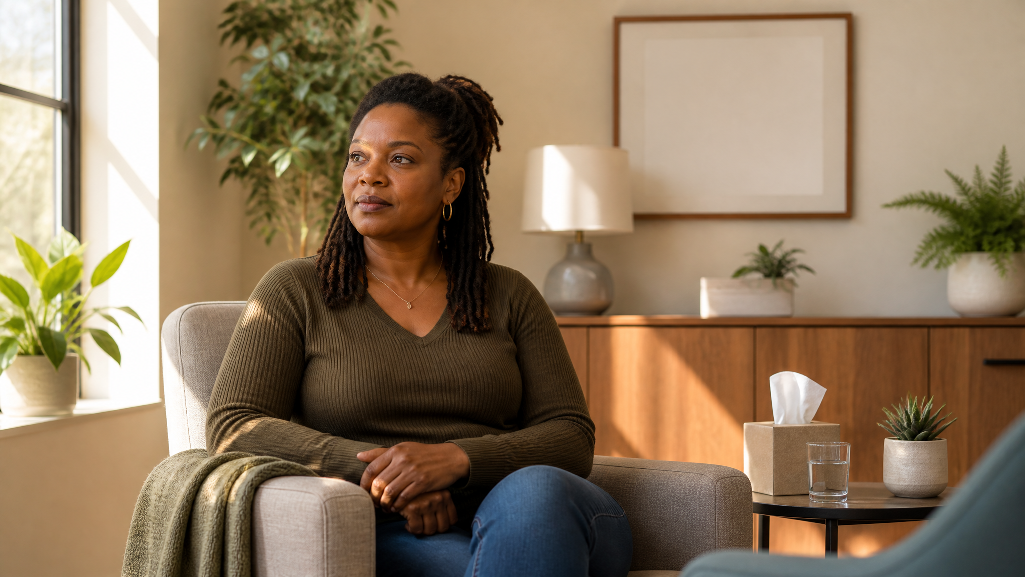 Black female veteran in therapy office, looking reflective and composed in warm natural light