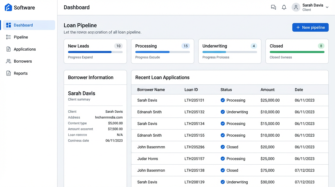 AcutisLOS mortgage pipeline dashboard interface showing loan status tracking