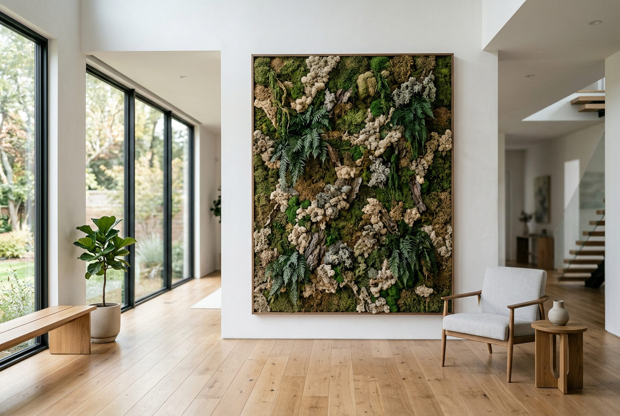 Large preserved-moss living-wall panel mounted in a bright modern interior