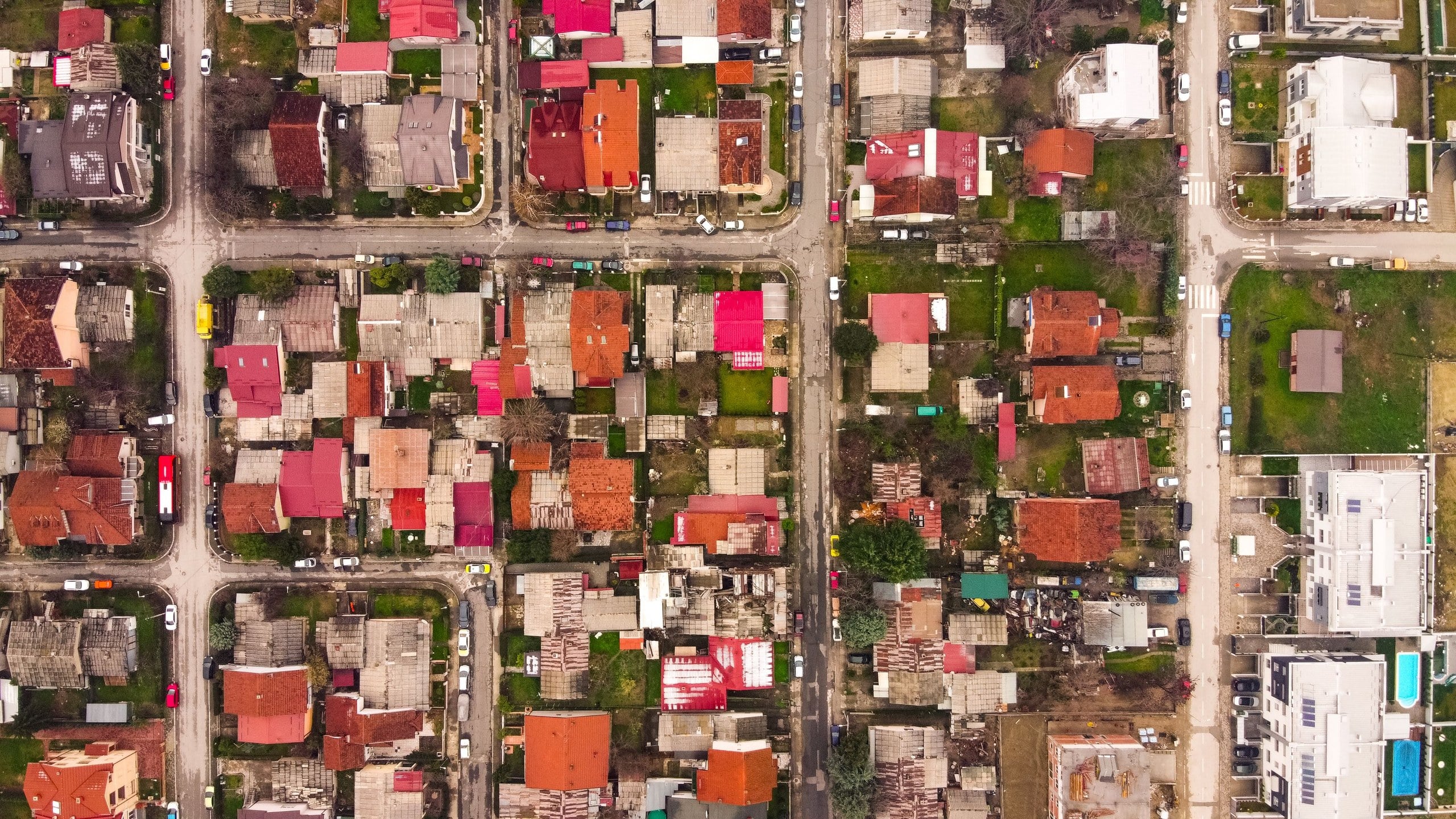 Aerial view of residential rooftops
