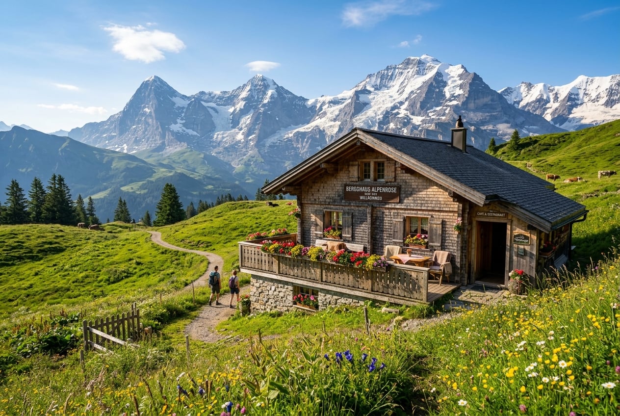 Schweizer Berghütte im Sommer