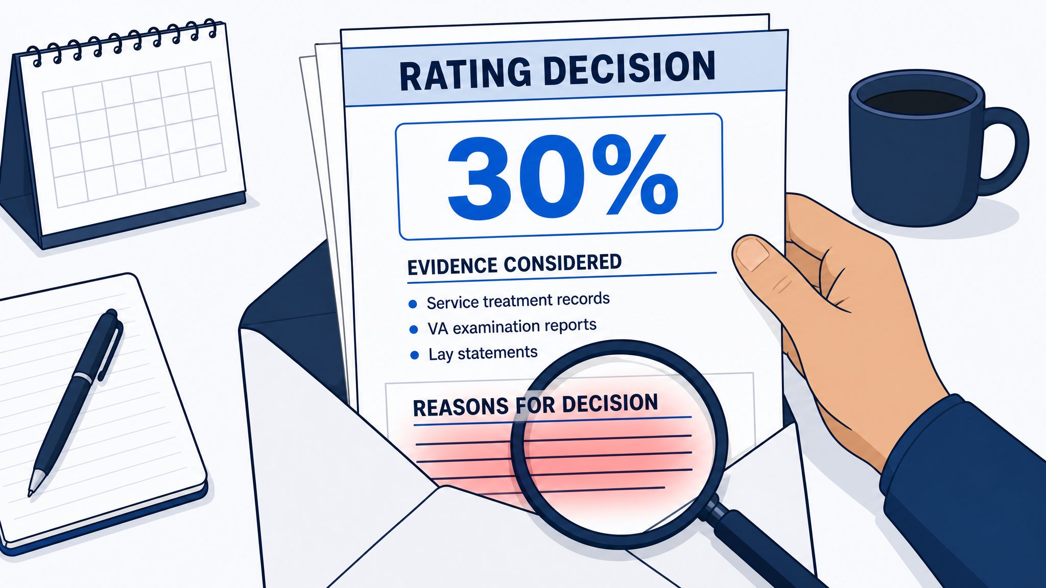 Opened rating decision letter with a magnifying glass over the reasons for decision section