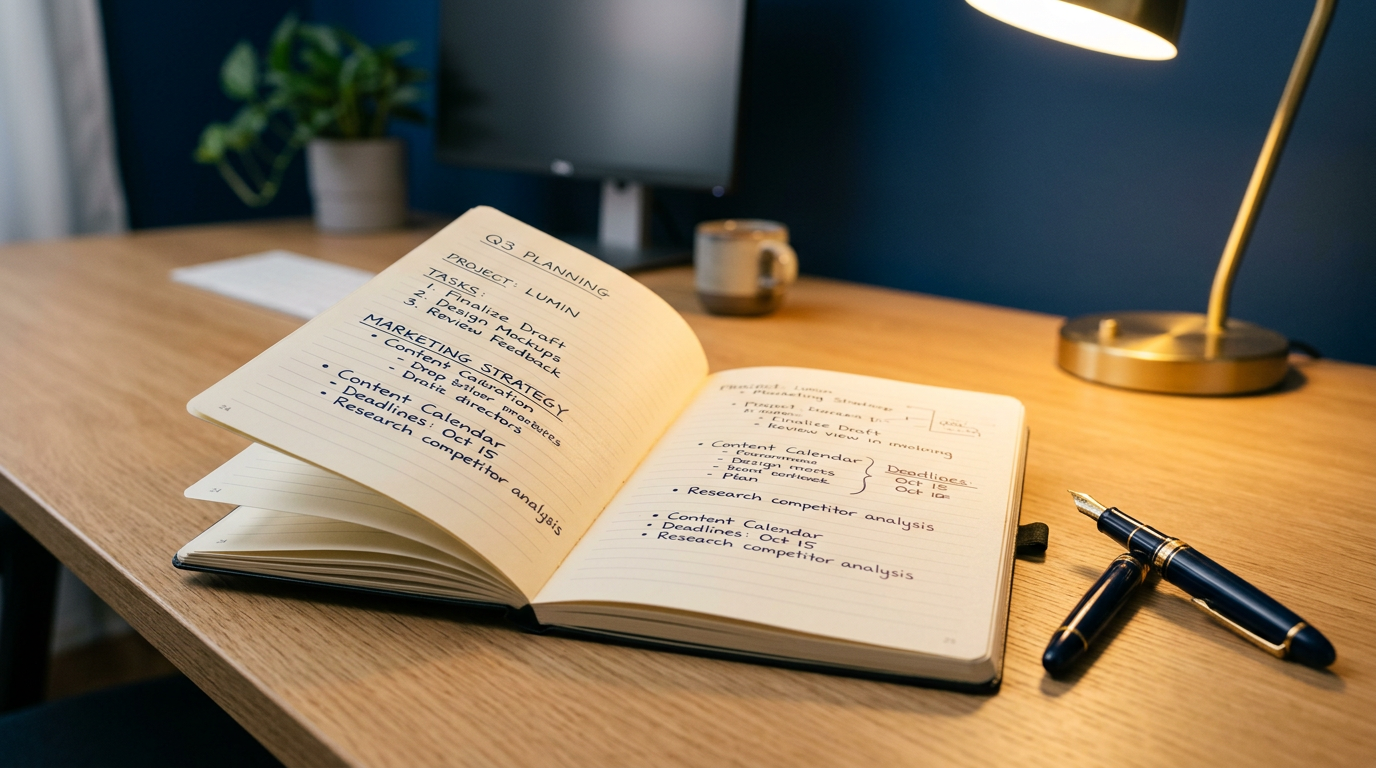 Caderno aberto com anotações organizadas em mesa minimalista com luz de abajur quente