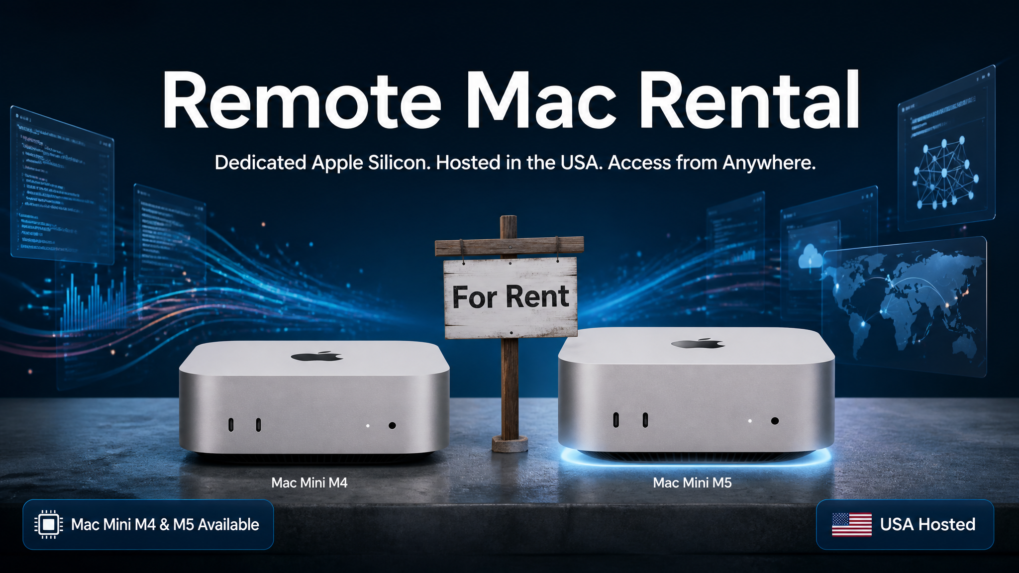Remote Mac Rental — Mac Mini M4 and M5 hosted in the USA