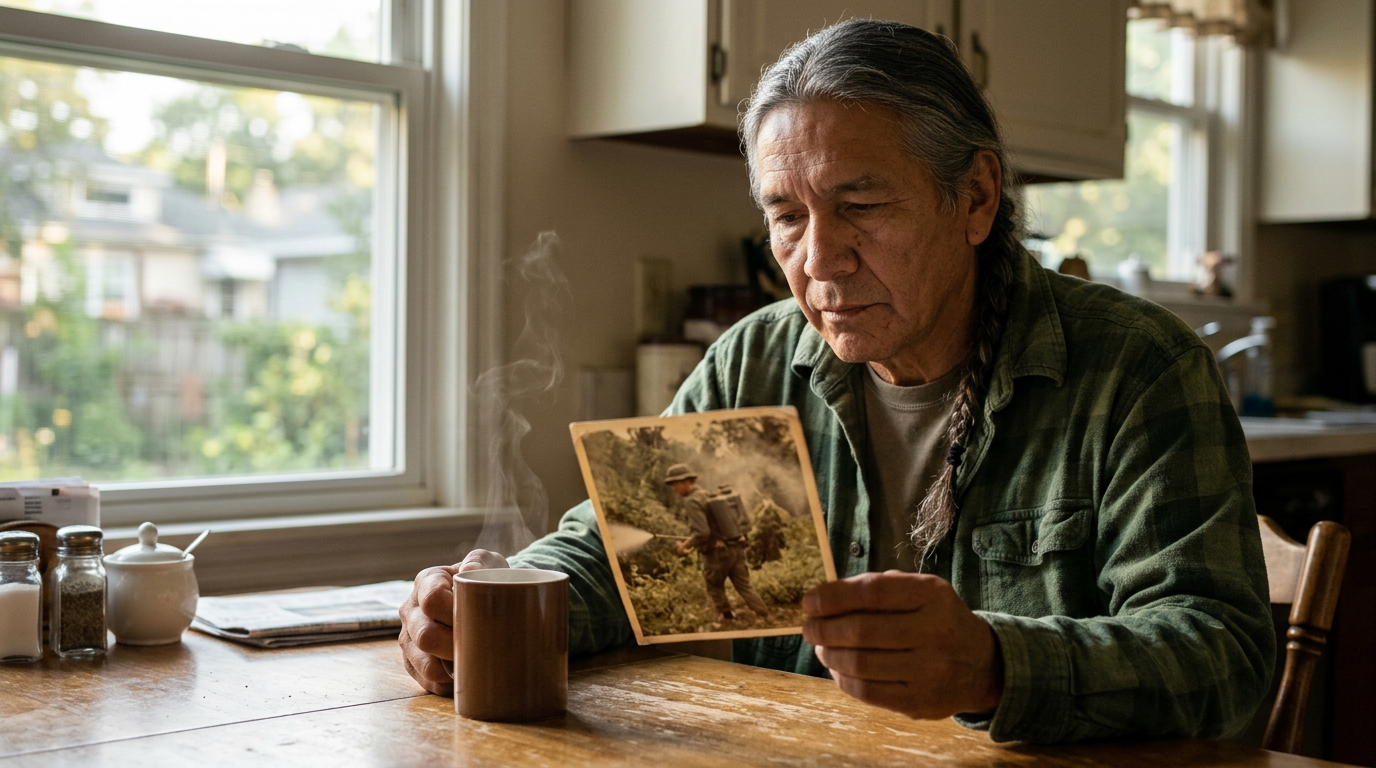 Veteran at his kitchen table holding a coffee mug and an old photo of himself spraying chemicals in service
