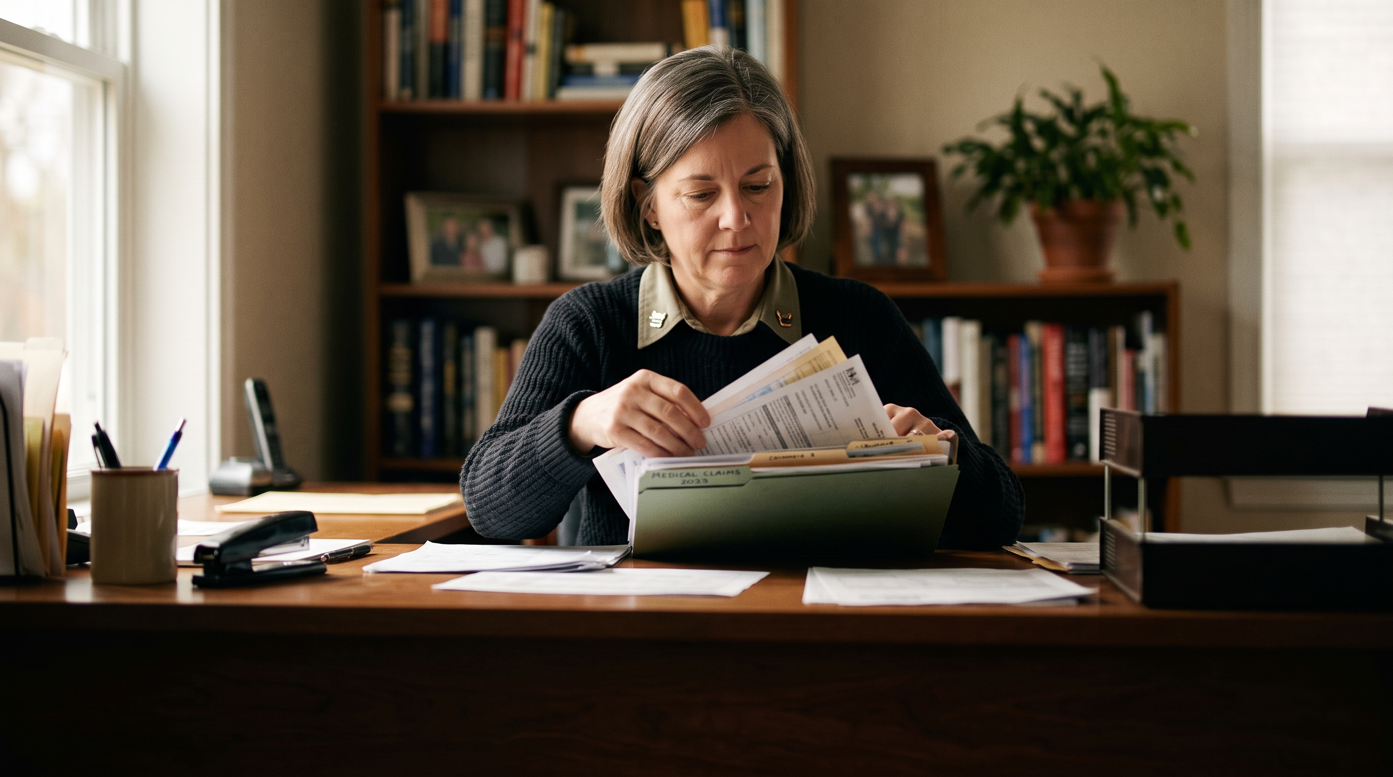 A veteran organizing new medical records into a claim folder