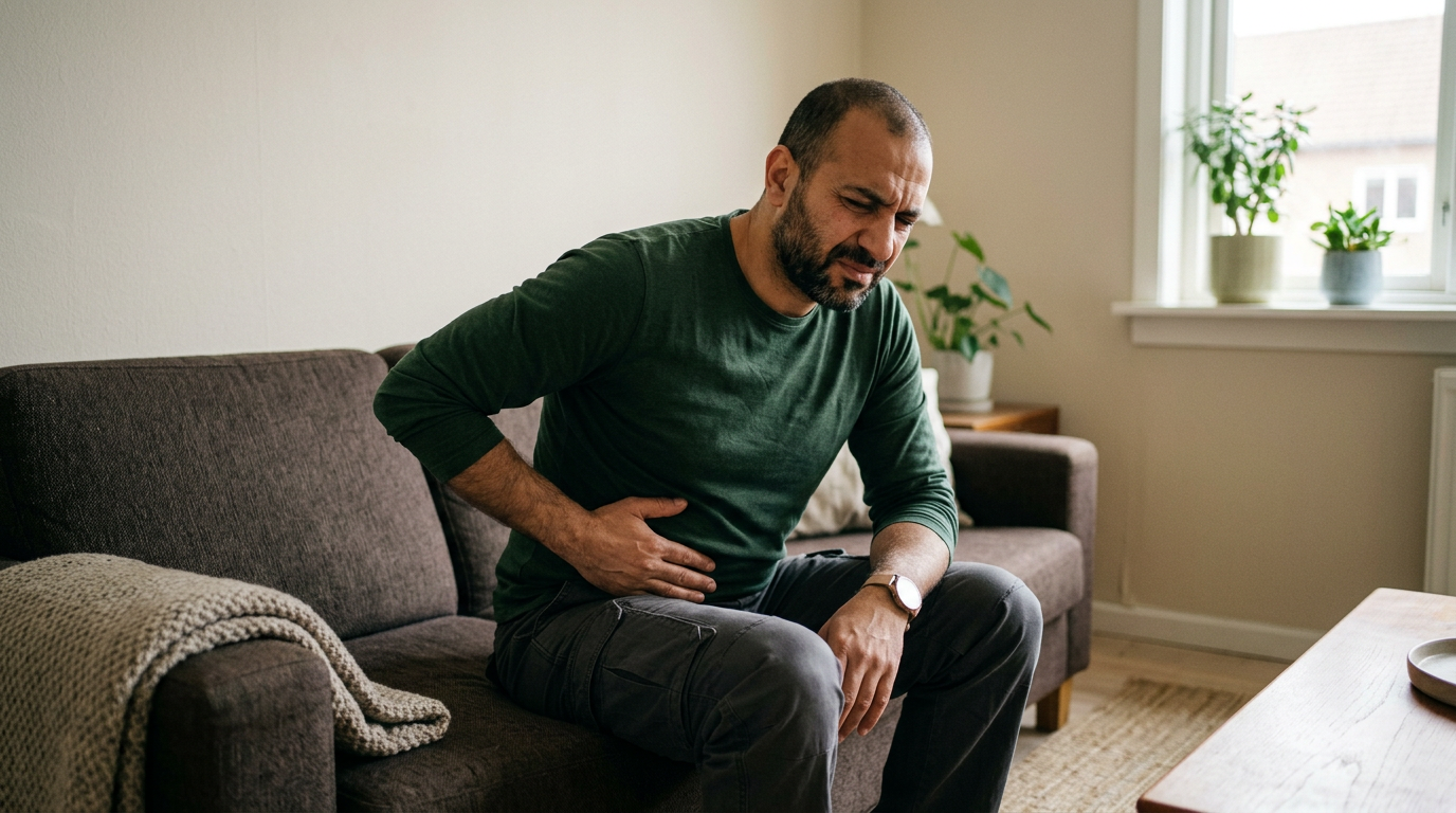 Middle Eastern male veteran sitting on a couch with hand on lower abdomen, showing pelvic discomfort