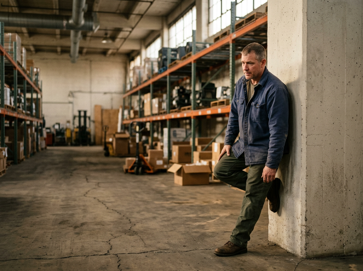 A white male veteran in work clothes leaning against a warehouse wall, unable to stand for extended periods due to ankle pain