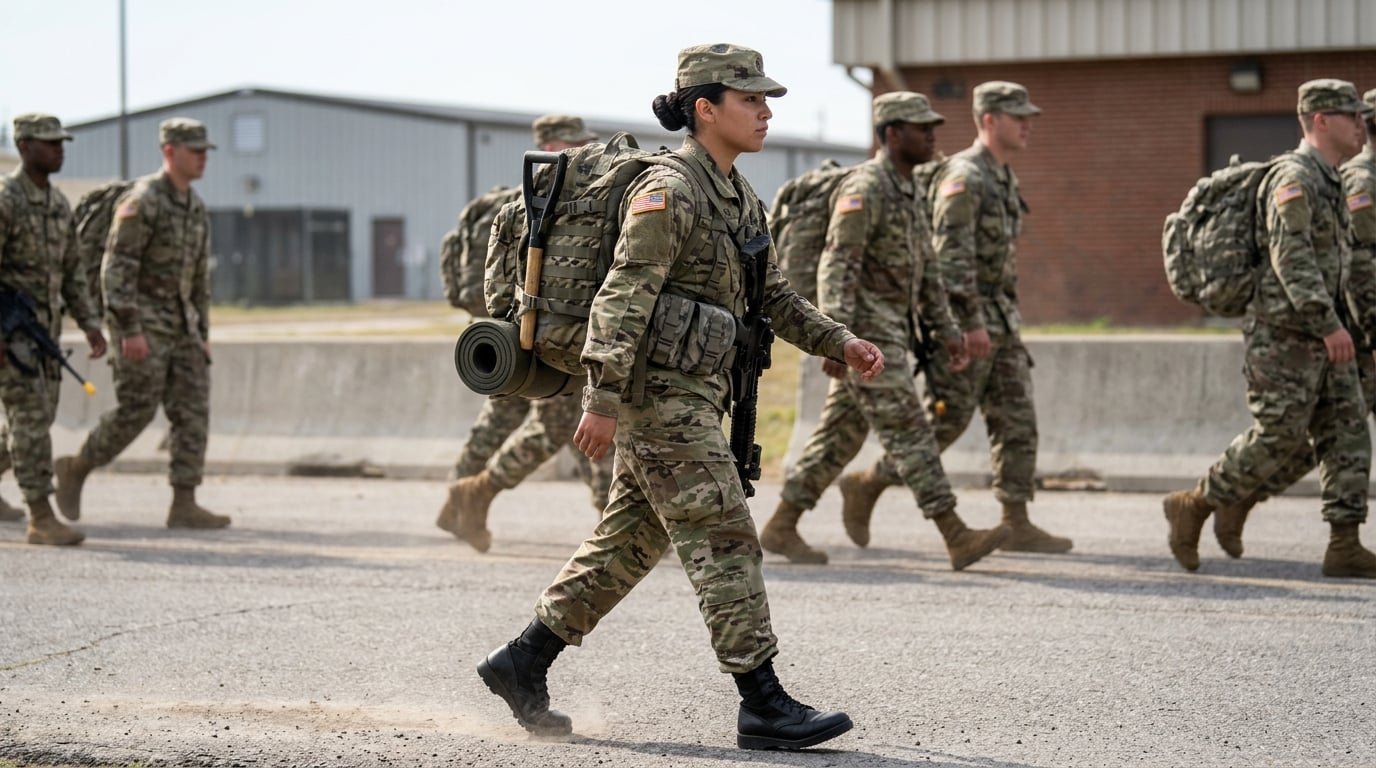 A woman service member marching under a heavy rucksack and body armor