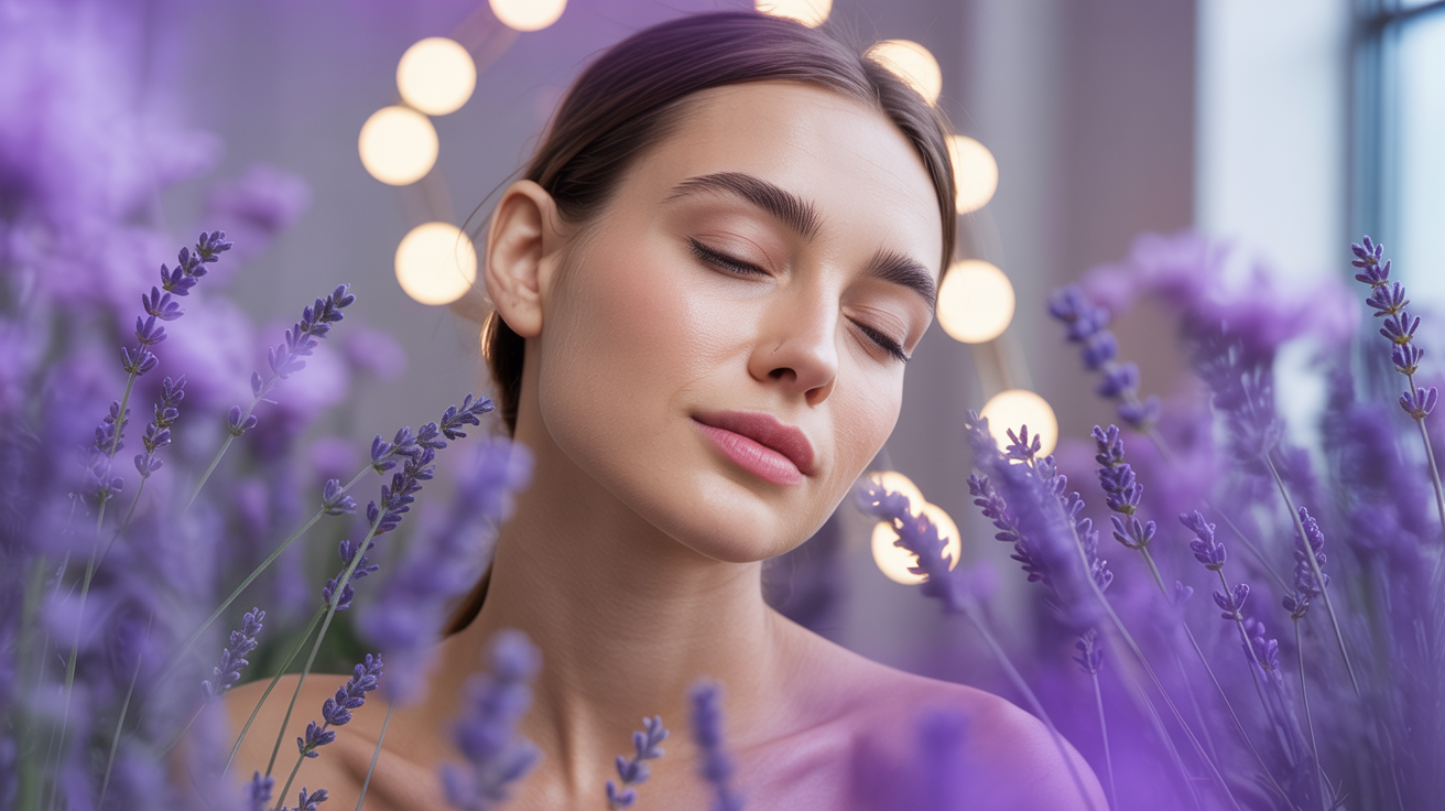 Fondo elegante con estética de belleza y cuidado personal en tonos lila