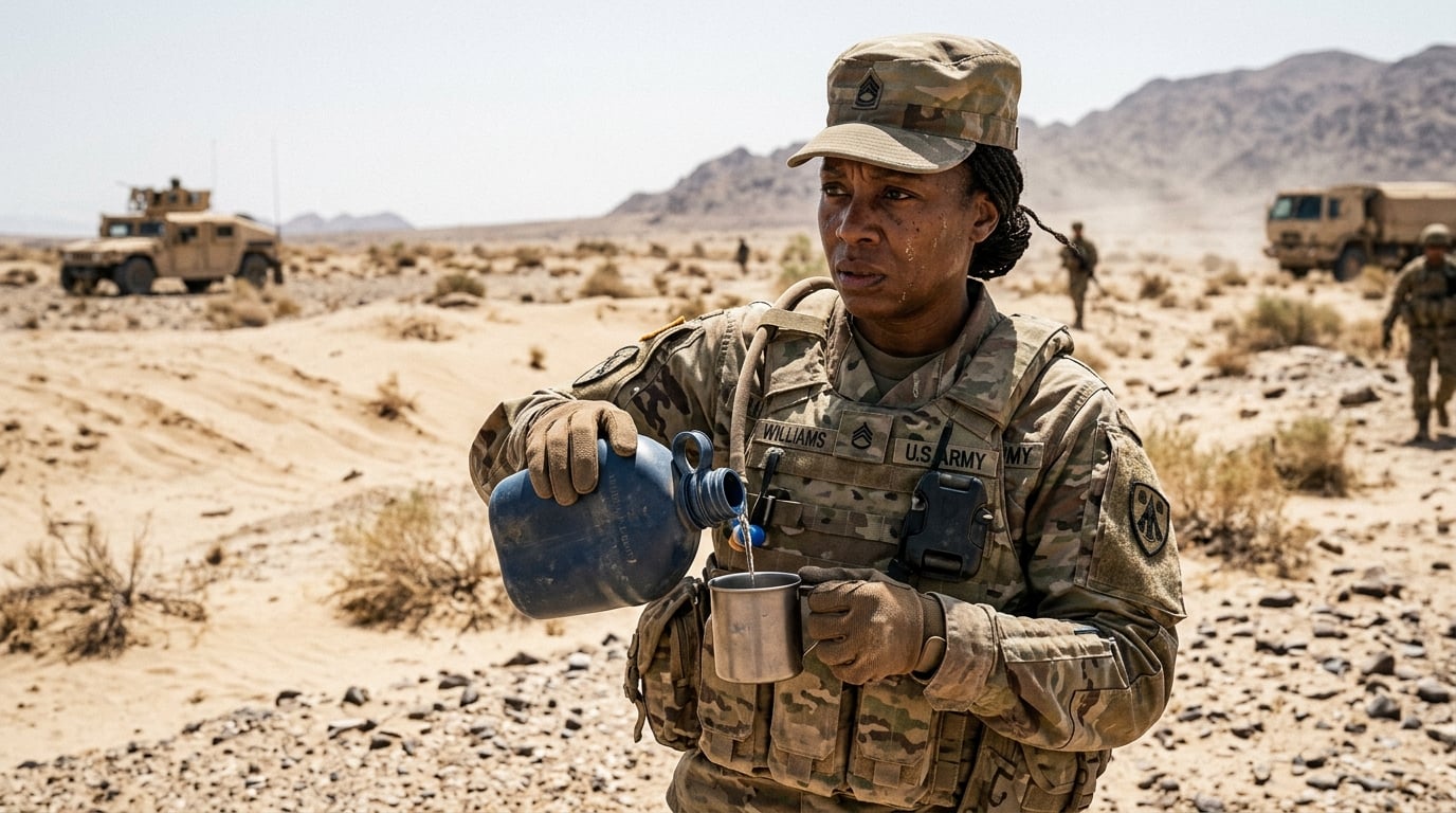 A woman veteran rationing fluids on deployment