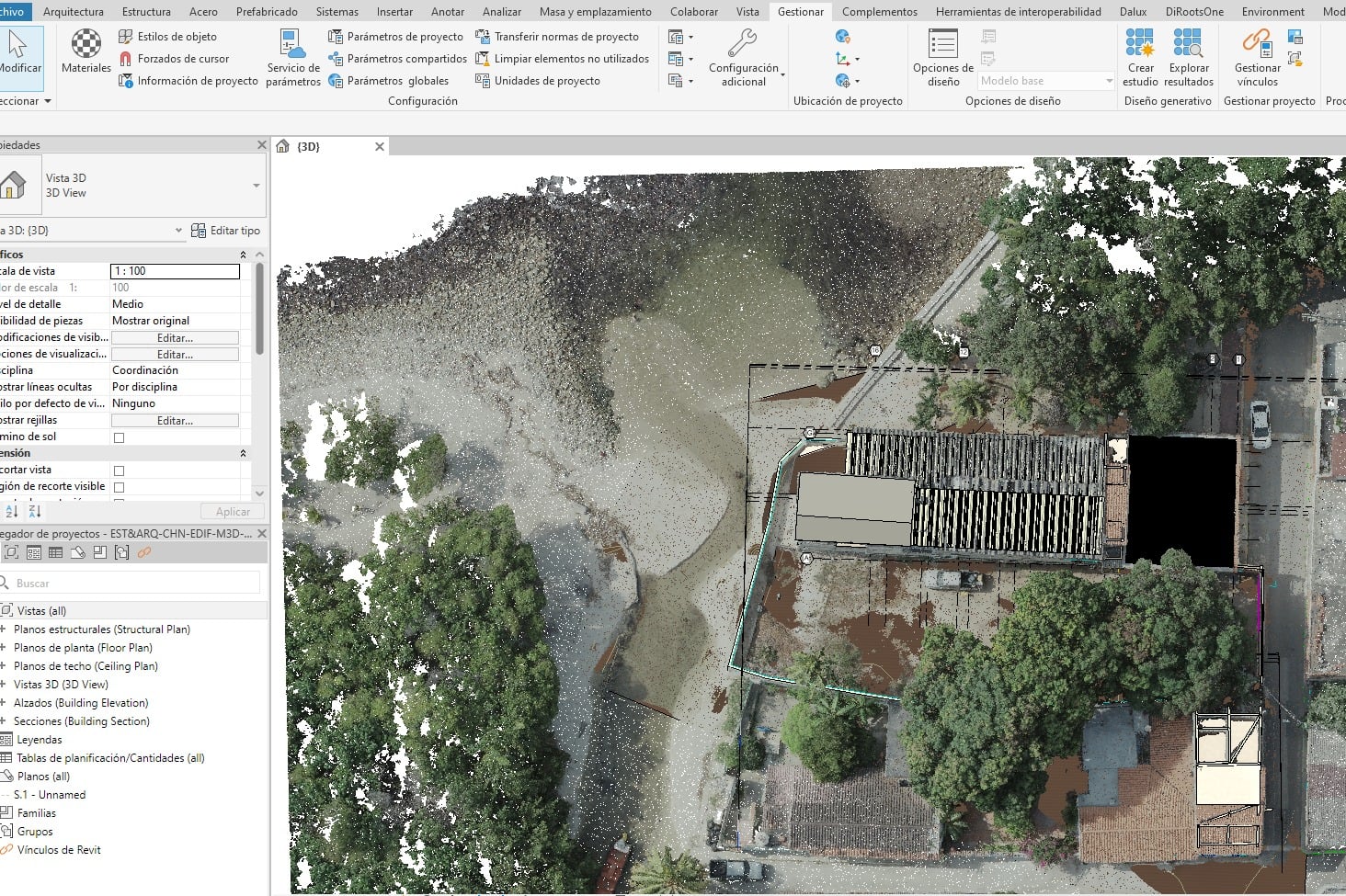 Modelo BIM sobre nube de puntos en Revit — vista aérea