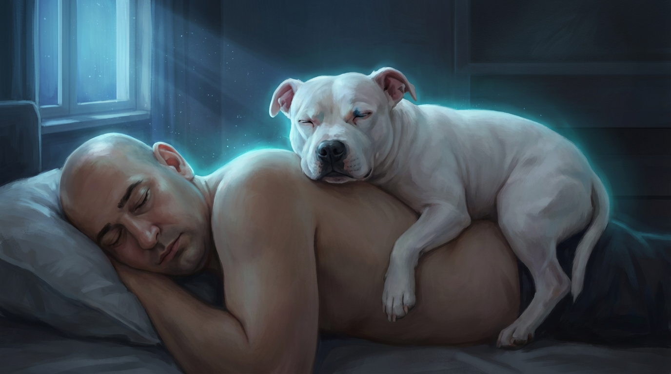Noćna scena — Džiber leži uz Elionova leđa, zajednički ritam disanja, plavičasta aura povezanosti. Komunikacija sa životinjama kroz duboku povezanost čoveka i psa koji zajedno spavaju i dele mir i poverenje. 