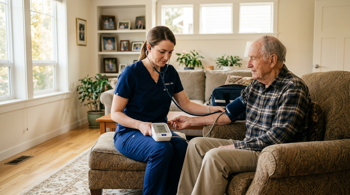 Nurse taking blood pressure of elderly client at home