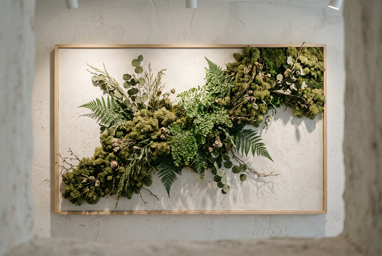 Preserved moss and fern composition mounted on a light plaster wall