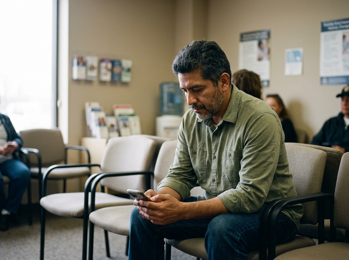 Post-9/11 veteran in his forties waiting in a VA waiting room